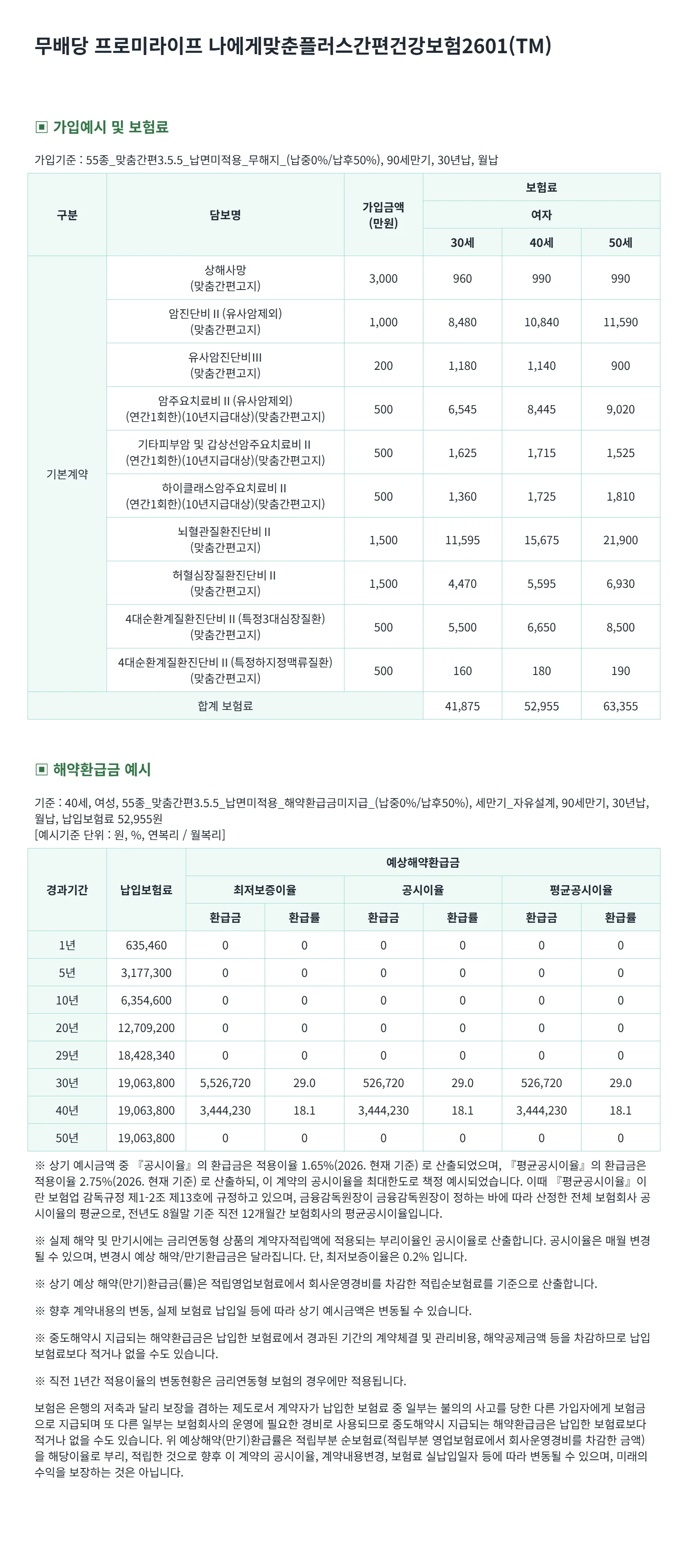 비갱신보험 가입예시(여성)