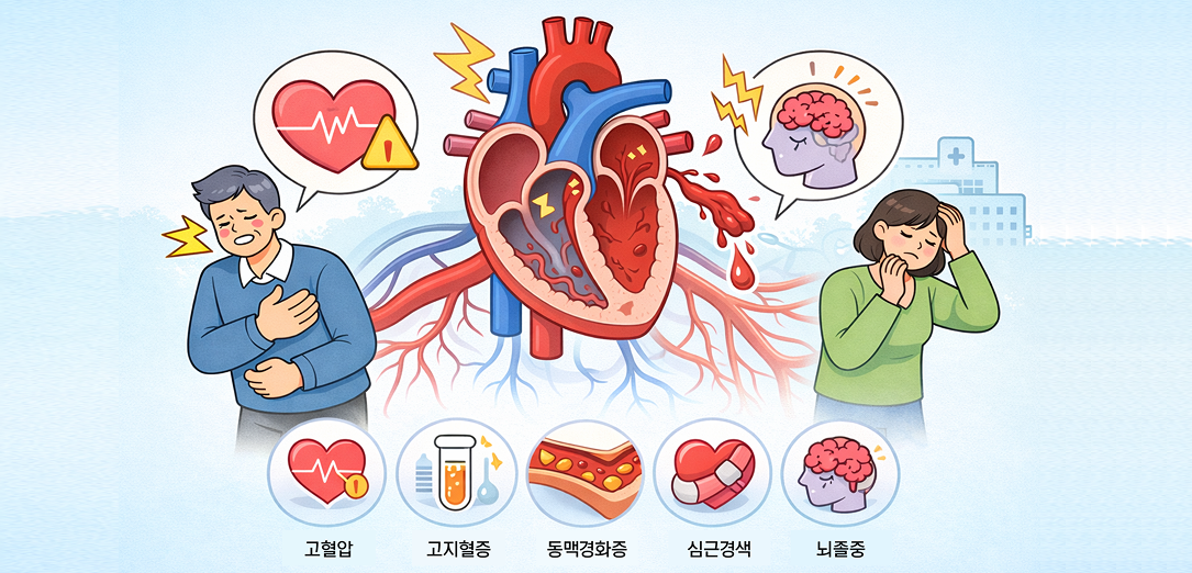 심장 질환과 뇌졸중 위험을 보여주는 심혈관 질환 설명 이미지, 고혈압 고지혈증 동맥경화 심근경색 포함
