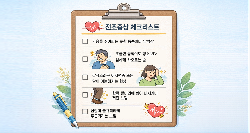 심혈관 질환 전조증상 체크리스트, 가슴 통증 호흡곤란 어지럼증 팔다리 저림 증상 안내