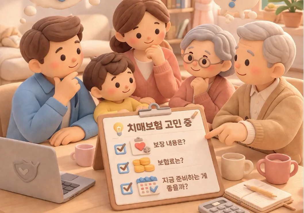 온 가족이 함께 치매보험 가입을 고민하며 체크리스트를 살펴보는 모습