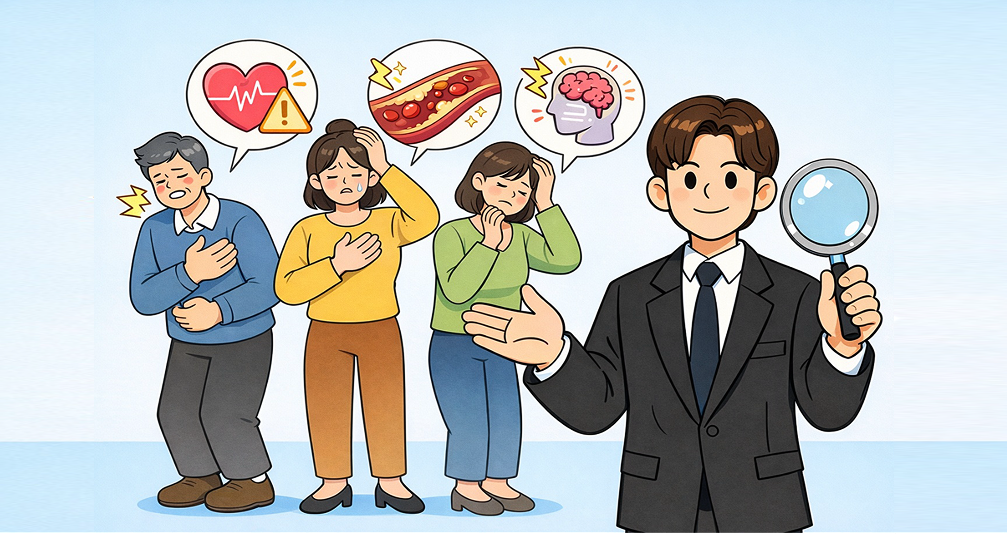 심장 질환, 혈관 질환, 뇌 질환 위험을 설명하며 보험 상담을 진행하는 모습