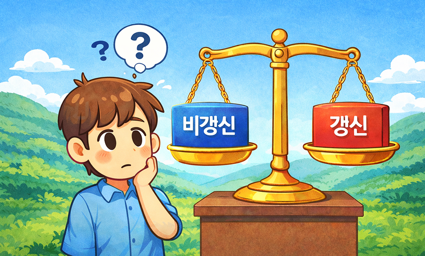 보험 갱신형과 비갱신형 중 어떤 선택이 좋은지 고민하는 상황 비교 이미지